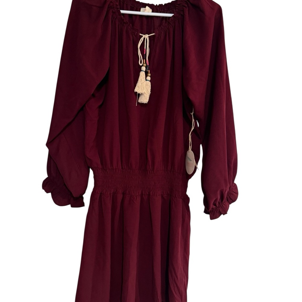 O52 Hummingbird Burgundy Long Sleeve Dress with Tassel